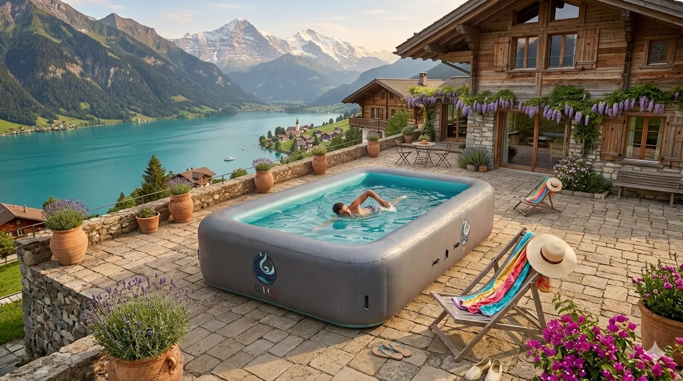 Piscine autoportante rectangulaire de 5 x 3 mètres installée dans un jardin en longueur