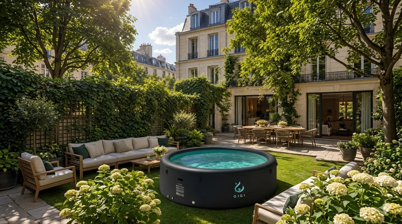 Piscine autoportante ronde de 4 mètres de diamètre installée dans un jardin