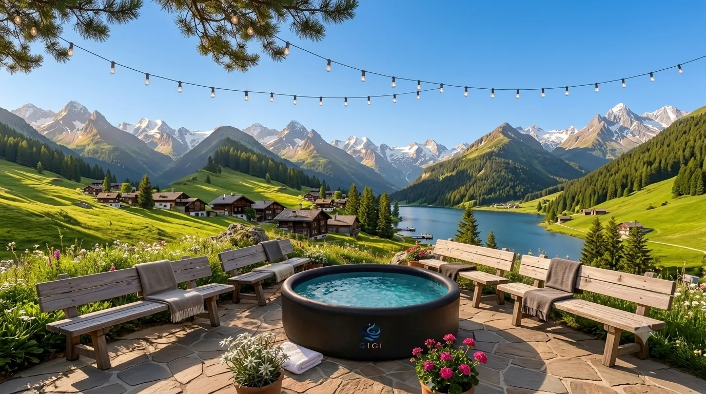 Piscine autoportante ronde profonde de 6 mètres installée dans un grand jardin